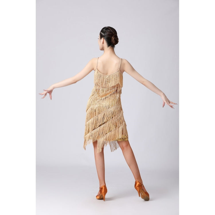 V-neck Suspender Sequined Fringed Latin Dance Dress Competition Performance Suit (Color:Gold Size:S) - Dress by PMC Jewellery | Online Shopping South Africa | PMC Jewellery