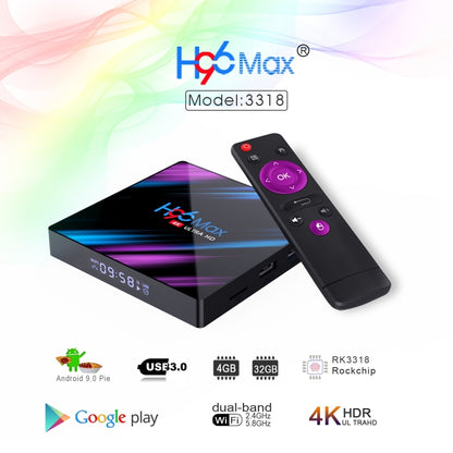 H96 Max-3318 4K Ultra HD Android TV Box with Remote Controller, Android 9.0, RK3318 Quad-Core 64bit Cortex-A53, WiFi 2.4G/5G, Bluetooth 4.0, 4GB+32GB - RK3318 by PMC Jewellery | Online Shopping South Africa | PMC Jewellery | Buy Now Pay Later Mobicred