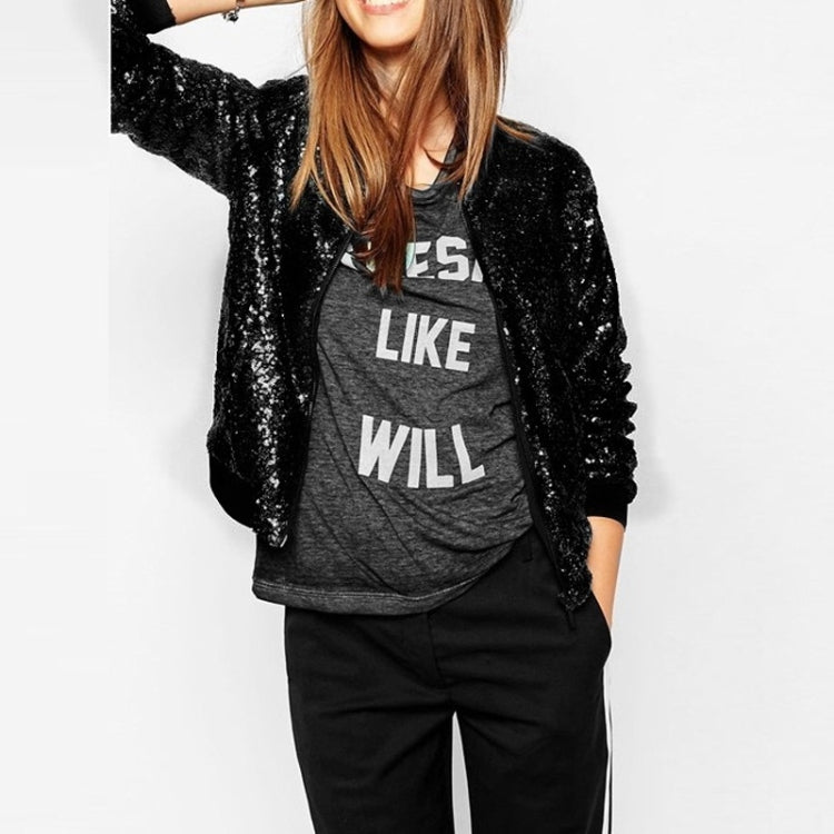 Women Wild Casual Sequin Jacket Short Coat (Color:Black Size:S) - Jacket & Loose Coat by PMC Jewellery | Online Shopping South Africa | PMC Jewellery