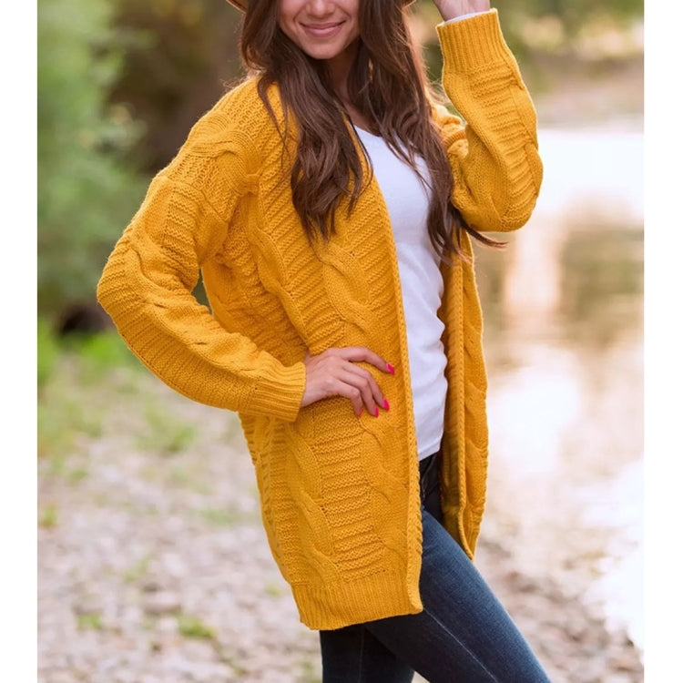 Mid-length Style Solid Color Thick Thread Twist Cardigan Knit Sweater (Color:Yellow Size:S) - Sweater by PMC Jewellery | Online Shopping South Africa | PMC Jewellery