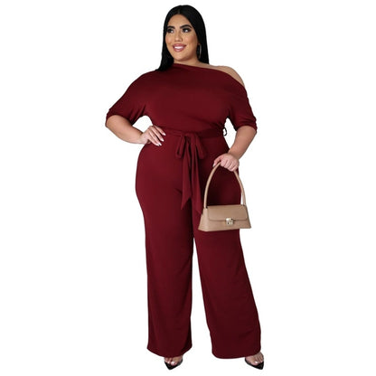 Solid Color Oblique Shoulder Strap Jumpsuit Wide-leg Pants (Color:Wine Red Size:XXXL) - One-Piece Garment by PMC Jewellery | Online Shopping South Africa | PMC Jewellery