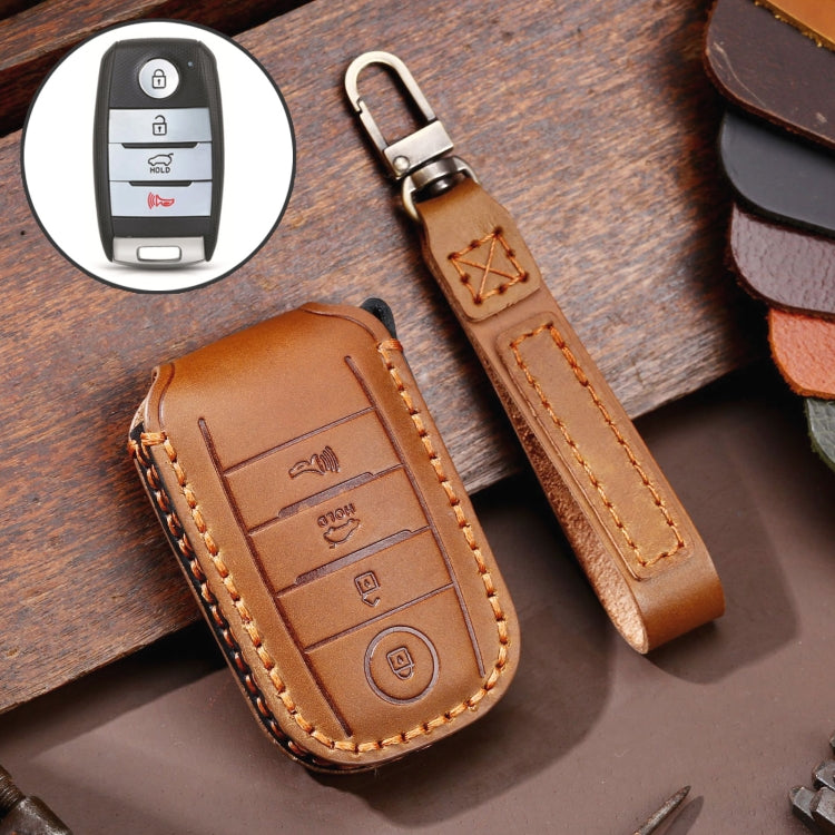 For Kia C133 4-button Hallmo Car Cowhide Leather Key Protective Cover Key Case(Brown) - Car Key Cases by Hallmo | Online Shopping South Africa | PMC TechLife | Buy Now Pay Later Mobicred