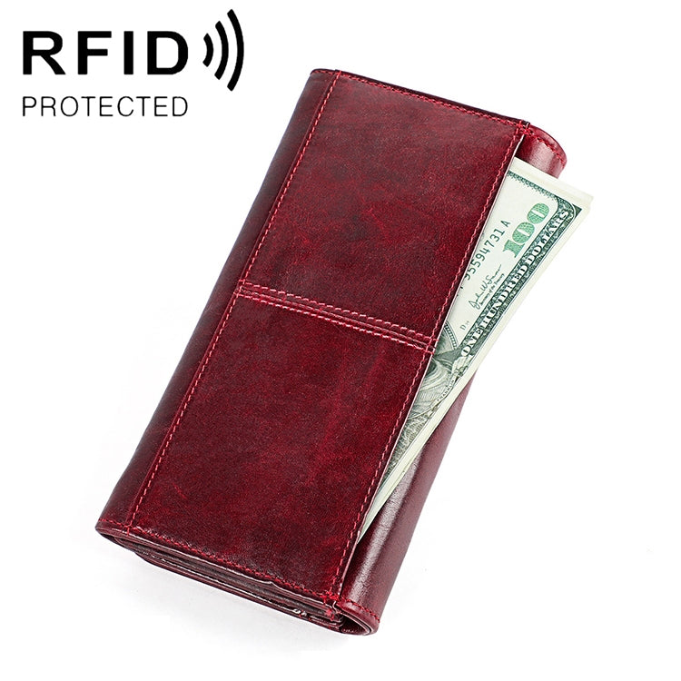 3559 Antimagnetic RFID Multi-function Zipper Retro Top-grain Leather Lady Purse Wallet (Wine Red) - Antimagnetic RFID Package by PMC Jewellery | Online Shopping South Africa | PMC Jewellery | Buy Now Pay Later Mobicred