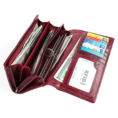 3559 Antimagnetic RFID Multi-function Zipper Retro Top-grain Leather Lady Purse Wallet (Wine Red) - Antimagnetic RFID Package by PMC Jewellery | Online Shopping South Africa | PMC Jewellery | Buy Now Pay Later Mobicred