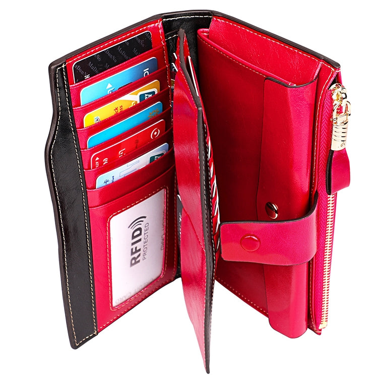 8236 Antimagnetic RFID Multi-function Oil Wax Leather Lady Wallet Large-capacity Purse (Rose Red) - Antimagnetic RFID Package by PMC Jewellery | Online Shopping South Africa | PMC Jewellery | Buy Now Pay Later Mobicred