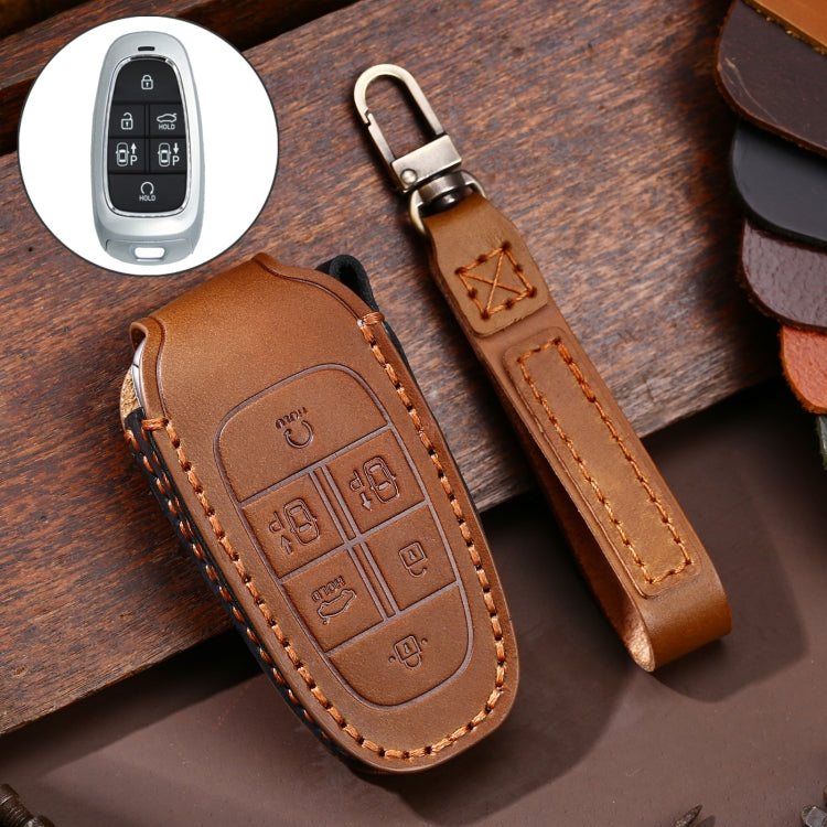 Hallmo Car Cowhide Leather Key Protective Cover Key Case for Hyundai 6-button(Brown) - Car Key Cases by Hallmo | Online Shopping South Africa | PMC TechLife | Buy Now Pay Later Mobicred
