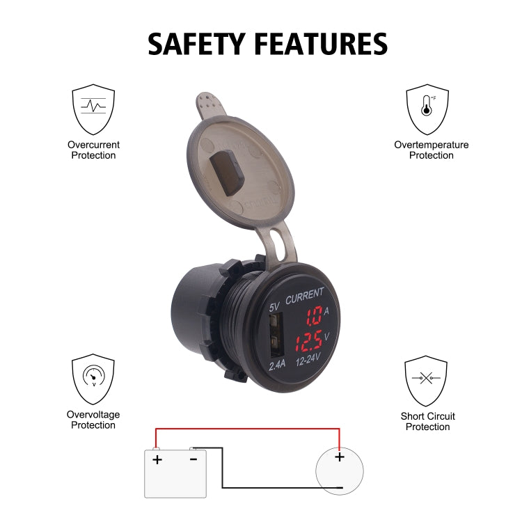 Universal Car Single Port USB Charger Power Outlet Adapter 2.4A 5V IP66 with LED Digital Voltmeter + Ammeter + 60cm Cable(Red Light) - DIY Modified Charger by PMC Jewellery | Online Shopping South Africa | PMC Jewellery