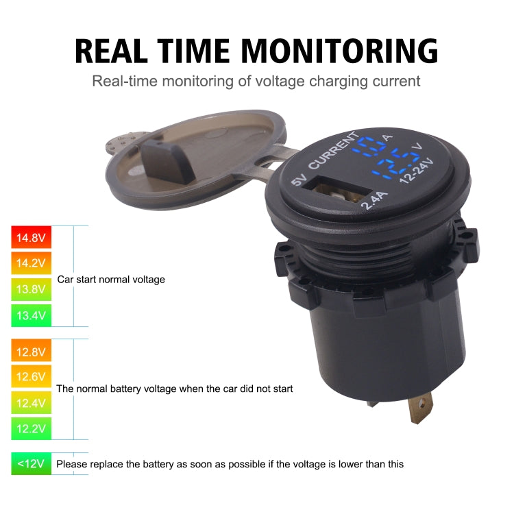 Universal Car Single Port USB Charger Power Outlet Adapter 2.4A 5V IP66 with LED Digital Voltmeter + Ammeter(Blue Light) - DIY Modified Charger by PMC Jewellery | Online Shopping South Africa | PMC Jewellery