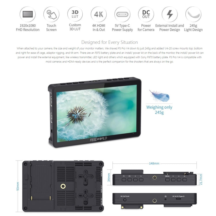 FEELWORLD F5 Pro V4 6 inch Touch Screen DSLR Camera Field Monitor 3D LUT 4K HDMI Input Output Tilt Arm - On-camera Monitors by FEELWORLD | Online Shopping South Africa | PMC Jewellery | Buy Now Pay Later Mobicred