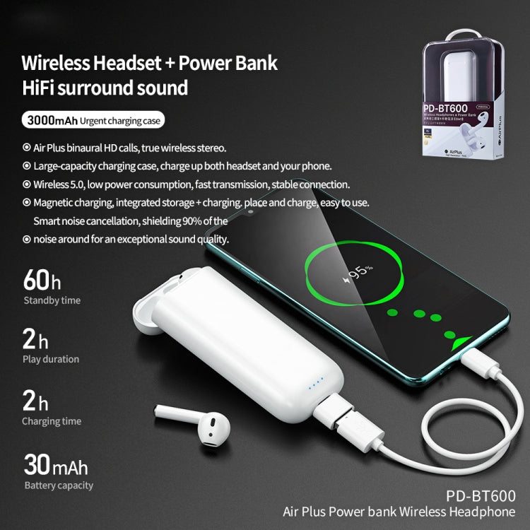 Remax PD-BT600 Air Plus Bluetooth 5.0 Multi-function Power Bank Wireless Bluetooth Earphone(White) - Bluetooth Earphone by REMAX | Online Shopping South Africa | PMC Jewellery | Buy Now Pay Later Mobicred