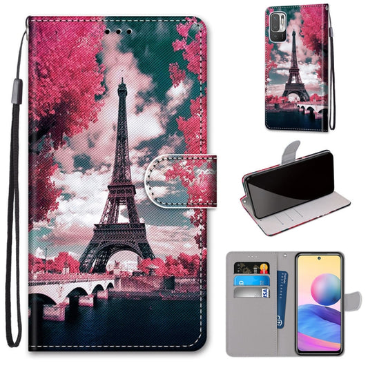 For Xiaomi Redmi Note 10 5G Coloured Drawing Cross Texture Horizontal Flip PU Leather Case with Holder & Card Slots & Wallet & Lanyard(Pink Flower Tower Bridge) - Xiaomi Cases by PMC Jewellery | Online Shopping South Africa | PMC Jewellery