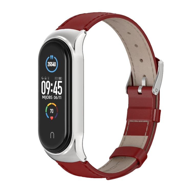 For Xiaomi Mi Band 6 / 5 / 4 / 3 Mijobs CS First Layer Cowhide Watch Band(Red + Silver) - Watch Bands by MIJOBS | Online Shopping South Africa | PMC Jewellery | Buy Now Pay Later Mobicred