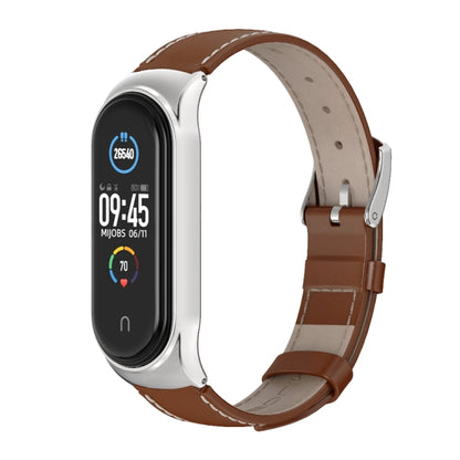 For Xiaomi Mi Band 6 / 5 / 4 / 3 Mijobs CS First Layer Cowhide Watch Band(Brown + Silver) - Watch Bands by MIJOBS | Online Shopping South Africa | PMC Jewellery | Buy Now Pay Later Mobicred