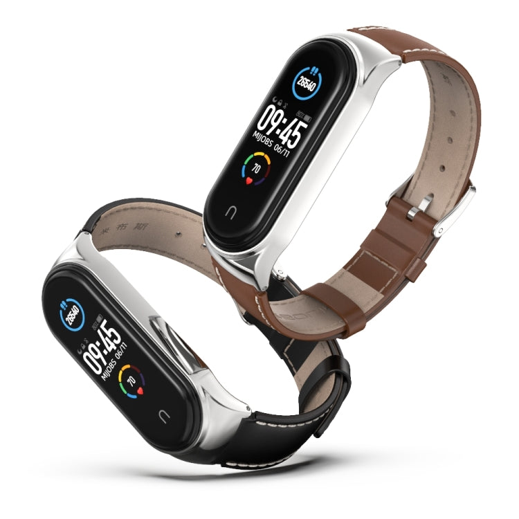 For Xiaomi Mi Band 6 / 5 / 4 / 3 Mijobs CS First Layer Cowhide Watch Band(Brown + Silver) - Watch Bands by MIJOBS | Online Shopping South Africa | PMC Jewellery | Buy Now Pay Later Mobicred