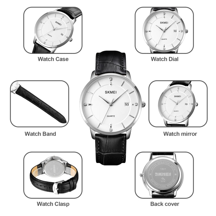 SKMEI 1801 Men Casual Calendar Quartz Watch(Gold and White) - Leather Strap Watches by SKMEI | Online Shopping South Africa | PMC Jewellery | Buy Now Pay Later Mobicred