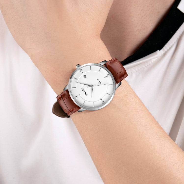 SKMEI 1801 Men Casual Calendar Quartz Watch(Gold and White) - Leather Strap Watches by SKMEI | Online Shopping South Africa | PMC Jewellery | Buy Now Pay Later Mobicred