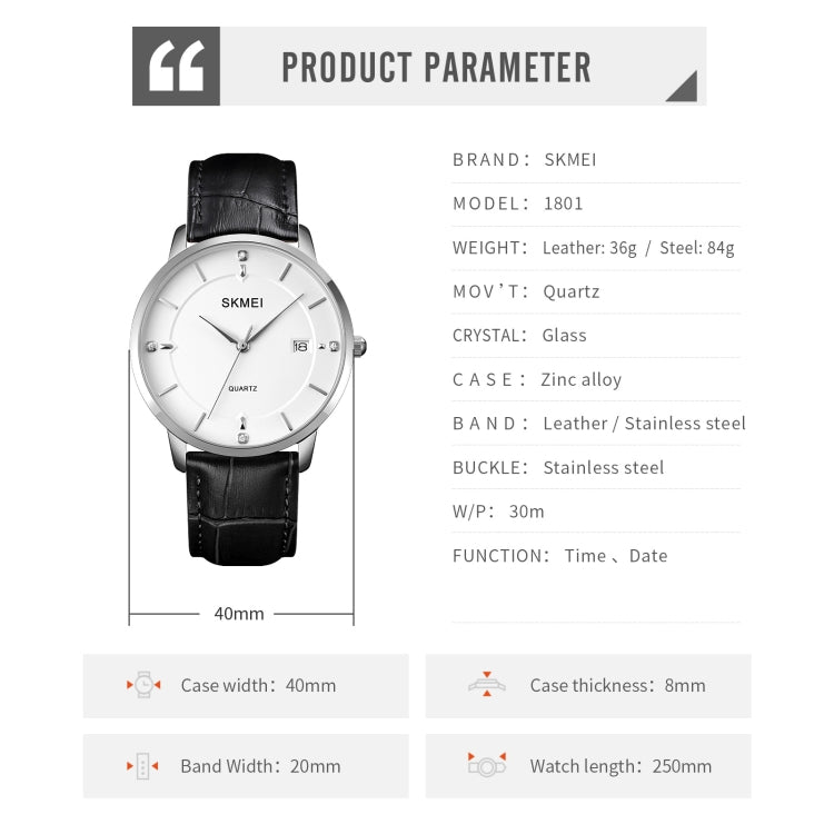 SKMEI 1801 Men Casual Calendar Quartz Watch(Silver White Black) - Leather Strap Watches by SKMEI | Online Shopping South Africa | PMC Jewellery | Buy Now Pay Later Mobicred