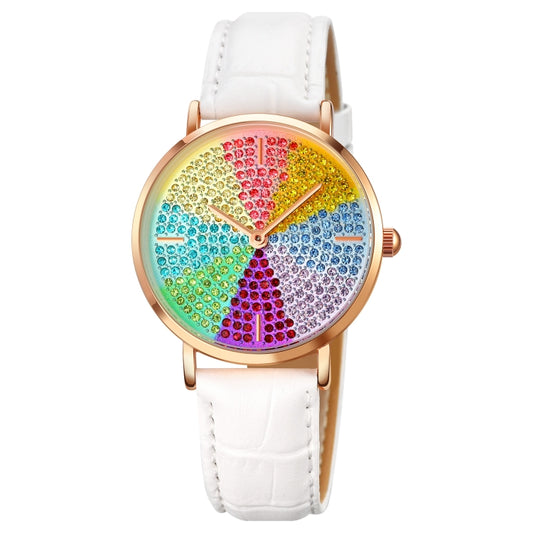 SKMEI 1811 Eight Color Diamond Round Dial Quartz Watch for Ladies(White Leather Belt) - Leather Strap Watches by SKMEI | Online Shopping South Africa | PMC Jewellery | Buy Now Pay Later Mobicred