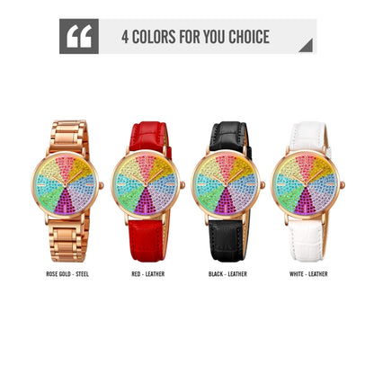 SKMEI 1811 Eight Color Diamond Round Dial Quartz Watch for Ladies(White Leather Belt) - Leather Strap Watches by SKMEI | Online Shopping South Africa | PMC Jewellery | Buy Now Pay Later Mobicred