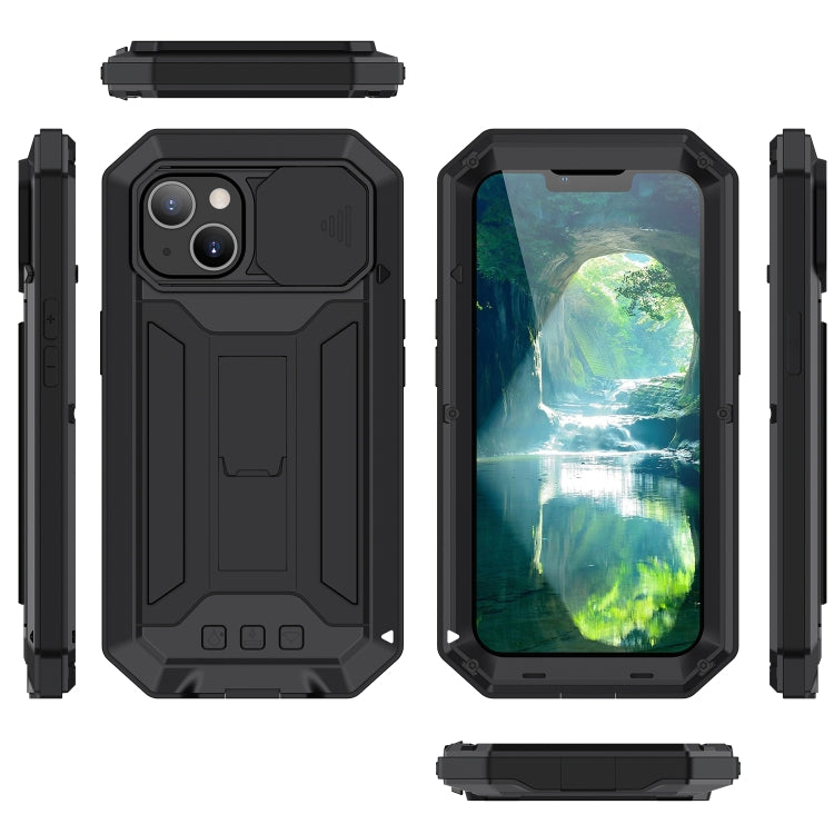 For iPhone 13 R-JUST Sliding Camera Shockproof Life Waterproof Dust-proof Metal + Silicone Protective Case with Holder(Black) - iPhone 13 Cases by R-JUST | Online Shopping South Africa | PMC TechLife | Buy Now Pay Later Mobicred