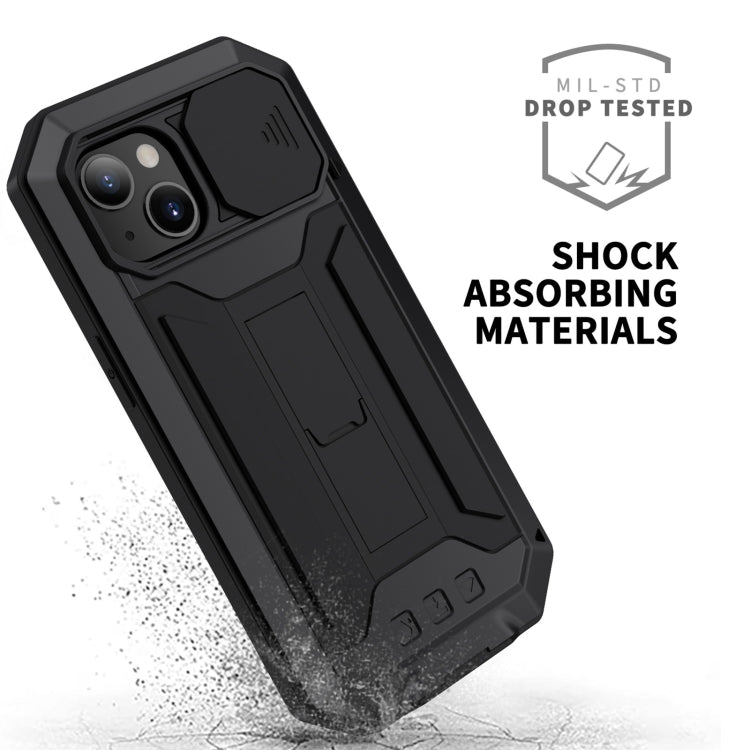 For iPhone 13 R-JUST Sliding Camera Shockproof Life Waterproof Dust-proof Metal + Silicone Protective Case with Holder(Black) - iPhone 13 Cases by R-JUST | Online Shopping South Africa | PMC TechLife | Buy Now Pay Later Mobicred
