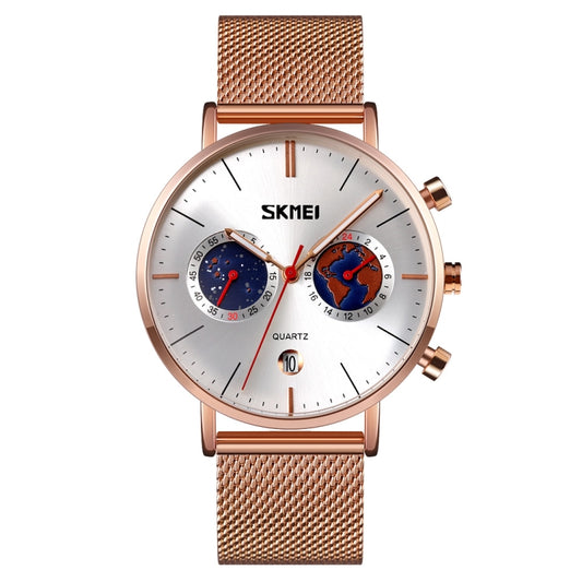 SKMEI 9231 Men Map Pattern Calendar Stopwatch Stainless Steel Strap Quartz Watch(Silver) - Metal Strap Watches by SKMEI | Online Shopping South Africa | PMC Jewellery | Buy Now Pay Later Mobicred