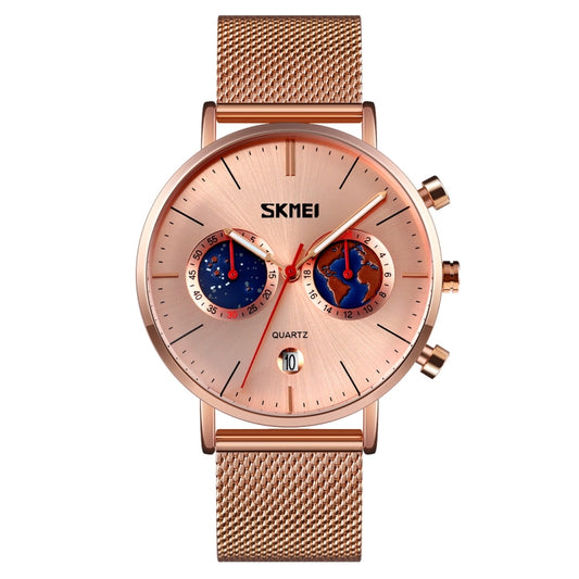 SKMEI 9231 Men Map Pattern Calendar Stopwatch Stainless Steel Strap Quartz Watch(Rose Gold) - Metal Strap Watches by SKMEI | Online Shopping South Africa | PMC Jewellery | Buy Now Pay Later Mobicred