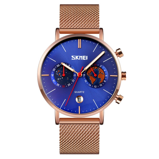 SKMEI 9231 Men Map Pattern Calendar Stopwatch Stainless Steel Strap Quartz Watch(Blue) - Metal Strap Watches by SKMEI | Online Shopping South Africa | PMC Jewellery | Buy Now Pay Later Mobicred