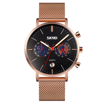 SKMEI 9231 Men Map Pattern Calendar Stopwatch Stainless Steel Strap Quartz Watch(Black) - Metal Strap Watches by SKMEI | Online Shopping South Africa | PMC Jewellery | Buy Now Pay Later Mobicred