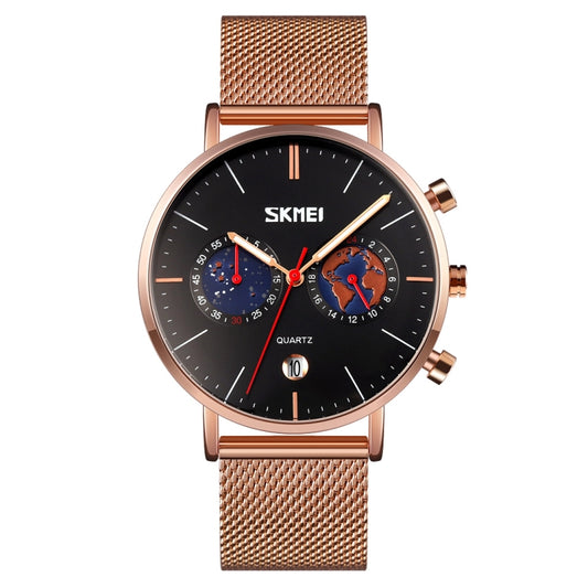 SKMEI 9231 Men Map Pattern Calendar Stopwatch Stainless Steel Strap Quartz Watch(Black) - Metal Strap Watches by SKMEI | Online Shopping South Africa | PMC Jewellery | Buy Now Pay Later Mobicred