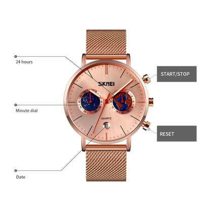 SKMEI 9231 Men Map Pattern Calendar Stopwatch Stainless Steel Strap Quartz Watch(Rose Gold) - Metal Strap Watches by SKMEI | Online Shopping South Africa | PMC Jewellery | Buy Now Pay Later Mobicred