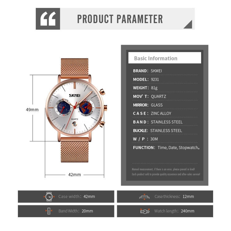 SKMEI 9231 Men Map Pattern Calendar Stopwatch Stainless Steel Strap Quartz Watch(Rose Gold) - Metal Strap Watches by SKMEI | Online Shopping South Africa | PMC Jewellery | Buy Now Pay Later Mobicred