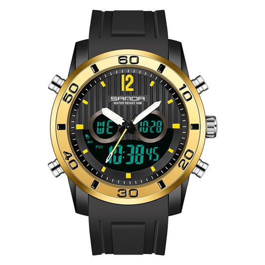 SANDA 3106 Dual Digital Display Men Outdoor Sports Luminous Shockproof Electronic Watch(Black Gold) - Metal Strap Watches by SANDA | Online Shopping South Africa | PMC Jewellery | Buy Now Pay Later Mobicred