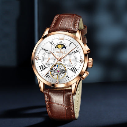 OLEVS 9912 Hollow Flywheel Week Calendar Dial Luminous Mechanical Watch for Men(Rose Gold Shell White Surface) - Leather Strap Watches by OLEVS | Online Shopping South Africa | PMC Jewellery | Buy Now Pay Later Mobicred