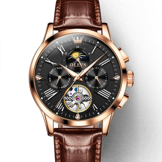 OLEVS 9912 Hollow Flywheel Week Calendar Dial Luminous Mechanical Watch for Men(Rose Gold Shell Black Surface) - Leather Strap Watches by OLEVS | Online Shopping South Africa | PMC Jewellery | Buy Now Pay Later Mobicred