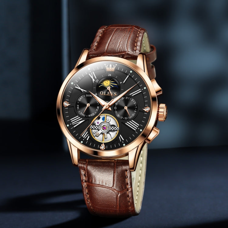 OLEVS 9912 Hollow Flywheel Week Calendar Dial Luminous Mechanical Watch for Men(Rose Gold Shell Black Surface) - Leather Strap Watches by OLEVS | Online Shopping South Africa | PMC Jewellery | Buy Now Pay Later Mobicred