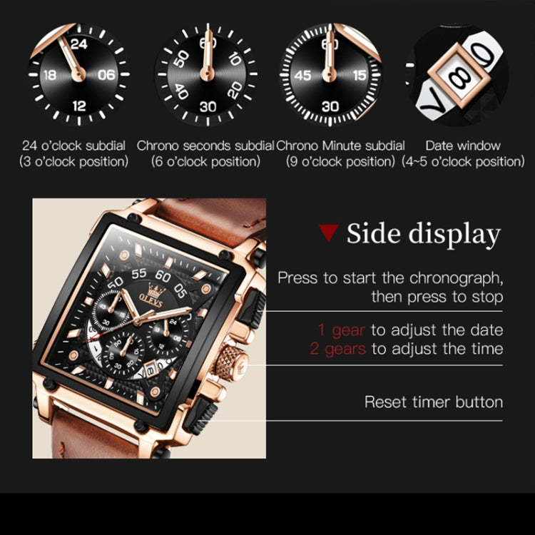 OLEVS 9919 Square Dial Chronograph Luminous Quartz Watch for Men(Brown Leather Rose Shell Black Surface) - Leather Strap Watches by OLEVS | Online Shopping South Africa | PMC Jewellery | Buy Now Pay Later Mobicred