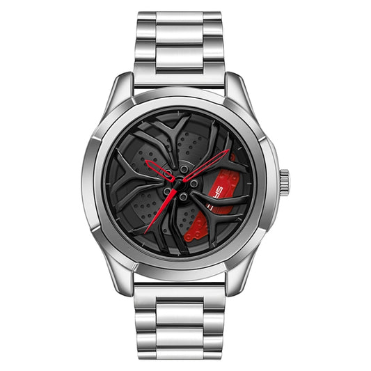 SANDA 1065 3D Hollow Out Wheel Non-rotatable Dial Quartz Watch for Men, Style:Steel Belt(Silver Red) - Metal Strap Watches by SANDA | Online Shopping South Africa | PMC Jewellery | Buy Now Pay Later Mobicred