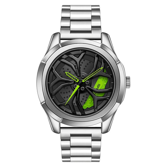 SANDA 1065 3D Hollow Out Wheel Non-rotatable Dial Quartz Watch for Men, Style:Steel Belt(Silver Green) - Metal Strap Watches by SANDA | Online Shopping South Africa | PMC Jewellery | Buy Now Pay Later Mobicred