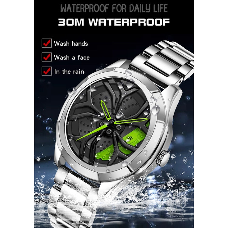 SANDA 1065 3D Hollow Out Wheel Non-rotatable Dial Quartz Watch for Men, Style:Steel Belt(Silver Green) - Metal Strap Watches by SANDA | Online Shopping South Africa | PMC Jewellery | Buy Now Pay Later Mobicred