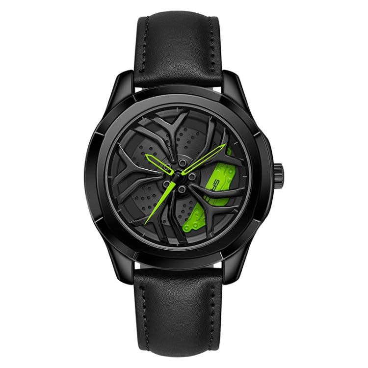 SANDA 1065 3D Hollow Out Wheel Non-rotatable Dial Quartz Watch for Men, Style:Leather Belt(Black Green) - Leather Strap Watches by SANDA | Online Shopping South Africa | PMC Jewellery | Buy Now Pay Later Mobicred