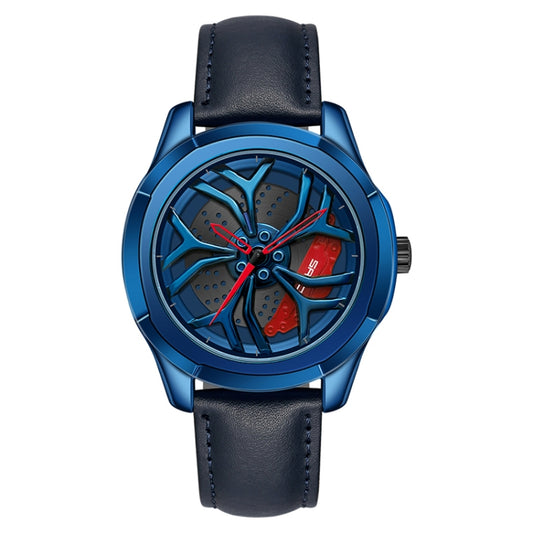 SANDA 1065 3D Hollow Out Wheel Non-rotatable Dial Quartz Watch for Men, Style:Leather Belt(Blue Red) - Leather Strap Watches by SANDA | Online Shopping South Africa | PMC Jewellery | Buy Now Pay Later Mobicred