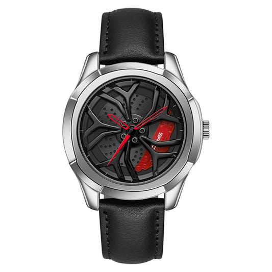 SANDA 1065 3D Hollow Out Wheel Non-rotatable Dial Quartz Watch for Men, Style:Leather Belt(Silver Red) - Leather Strap Watches by SANDA | Online Shopping South Africa | PMC Jewellery | Buy Now Pay Later Mobicred