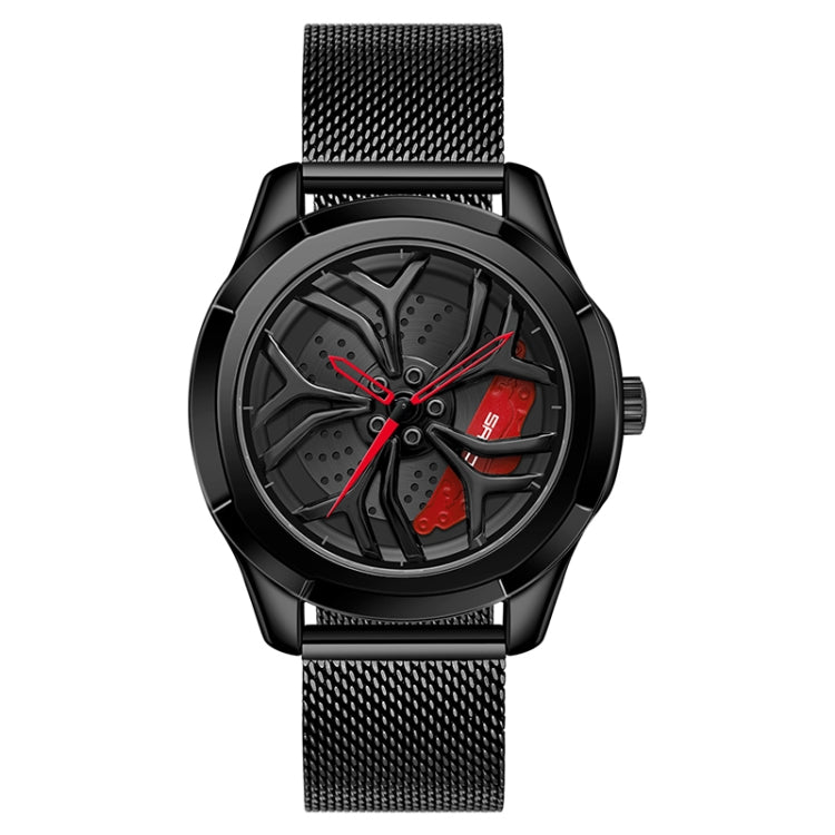 SANDA 1065 3D Hollow Out Wheel Non-rotatable Dial Quartz Watch for Men, Style:Mesh Belt(Black Red) - Metal Strap Watches by SANDA | Online Shopping South Africa | PMC Jewellery | Buy Now Pay Later Mobicred