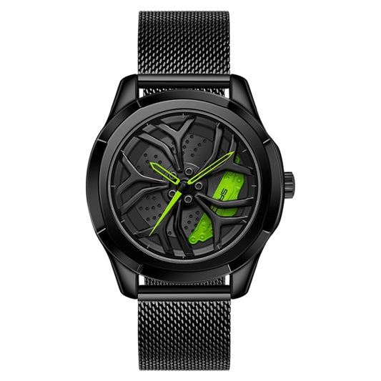 SANDA 1065 3D Hollow Out Wheel Non-rotatable Dial Quartz Watch for Men, Style:Mesh Belt(Black Green) - Metal Strap Watches by SANDA | Online Shopping South Africa | PMC Jewellery | Buy Now Pay Later Mobicred