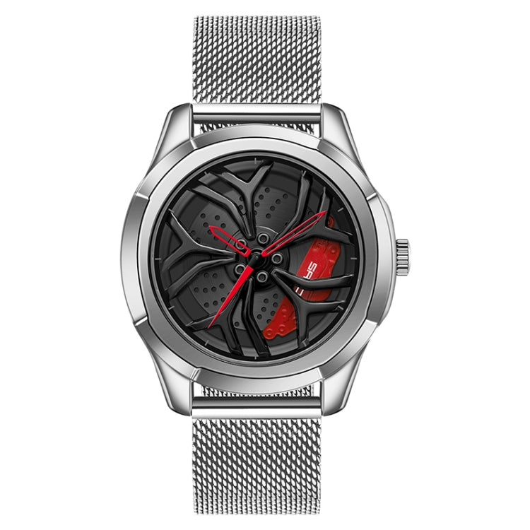 SANDA 1065 3D Hollow Out Wheel Non-rotatable Dial Quartz Watch for Men, Style:Mesh Belt(Silver Red) - Metal Strap Watches by SANDA | Online Shopping South Africa | PMC Jewellery | Buy Now Pay Later Mobicred