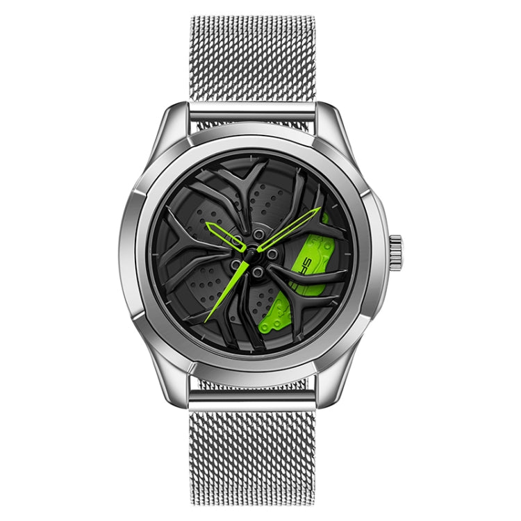 SANDA 1065 3D Hollow Out Wheel Non-rotatable Dial Quartz Watch for Men, Style:Mesh Belt(Silver Green) - Metal Strap Watches by SANDA | Online Shopping South Africa | PMC Jewellery | Buy Now Pay Later Mobicred