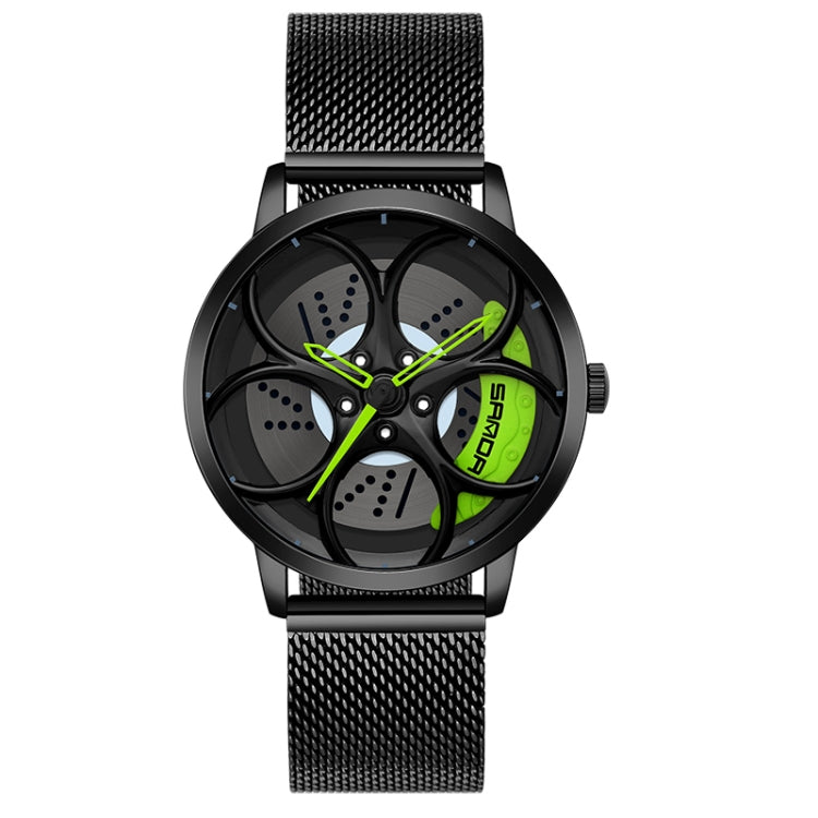 SANDA 1070 3D Oval Hollow Out Wheel Non-rotatable Dial Quartz Watch for Men, Style:Mesh Belt(Black Green) - Metal Strap Watches by SANDA | Online Shopping South Africa | PMC Jewellery | Buy Now Pay Later Mobicred