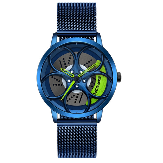 SANDA 1070 3D Oval Hollow Out Wheel Non-rotatable Dial Quartz Watch for Men, Style:Mesh Belt(Blue Green) - Metal Strap Watches by SANDA | Online Shopping South Africa | PMC Jewellery | Buy Now Pay Later Mobicred