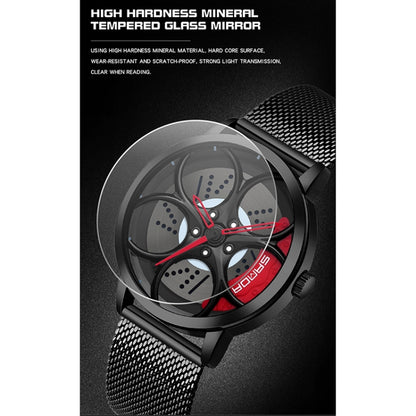 SANDA 1070 3D Oval Hollow Out Wheel Non-rotatable Dial Quartz Watch for Men, Style:Mesh Belt(Black Red) - Metal Strap Watches by SANDA | Online Shopping South Africa | PMC Jewellery | Buy Now Pay Later Mobicred